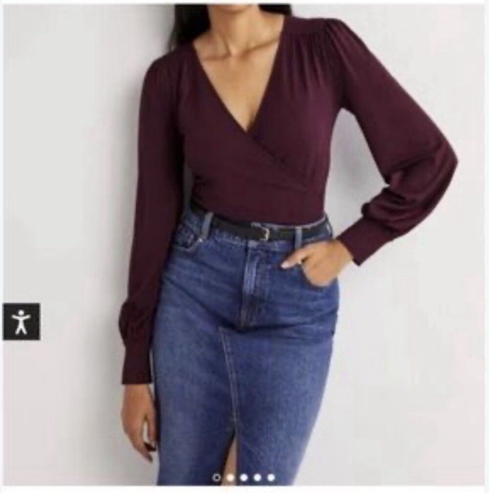 Boden black faux wrap top blouse puff bishop sleeves blouson Sz 8 Burgundy